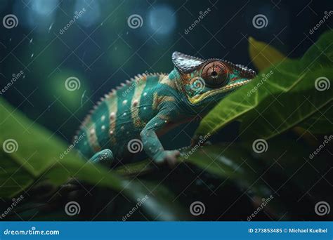 Chameleon Perched on a Vibrant Green Leaf in Nature Stock Illustration ...