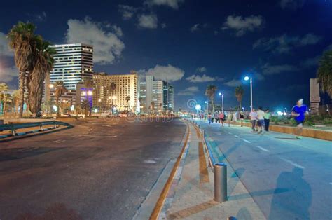 Tel Aviv Promenade at Night Editorial Stock Photo - Image of motion ...