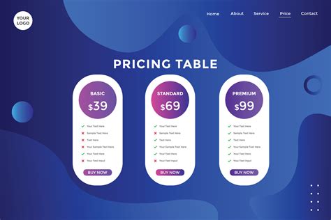 Landing page product package price for website. Price chart template. business plan pricing list ...