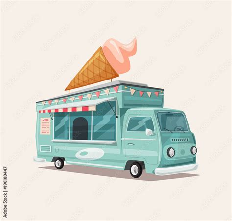 Retro street food van. Vintage ice cream truck. Cartoon vector illustration. Stock Vector ...