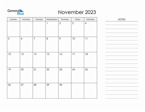 Printable Monthly Calendar with Notes - November 2023