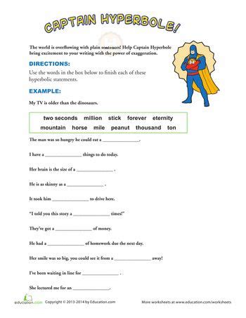 Worksheets: Examples of Hyperbole | Worksheets for kids, Hyperbole activities, Hyperbole