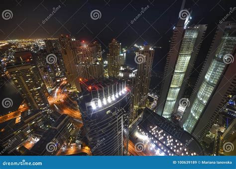 Dubai Marina at night stock image. Image of marina, business - 100639189