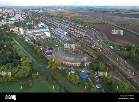 Railway turntable for locomotives aerial panorama landscape view,Nymburk trainstation,Europe ...