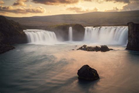 Godafoss Waterfall in Iceland at Sunset Stock Image - Image of ...