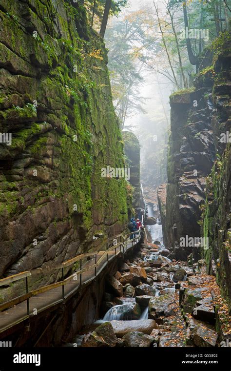 "The Flume" gorge, Franconia Notch State Park, New Hampshire, USA, boardwalk trail and creek ...