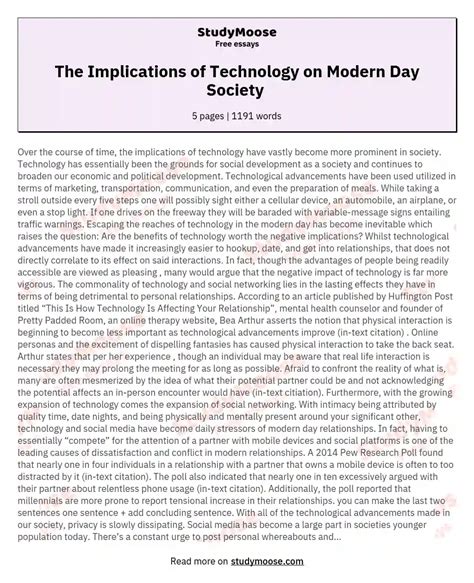 The Implications of Technology on Modern Day Society Free Essay Example