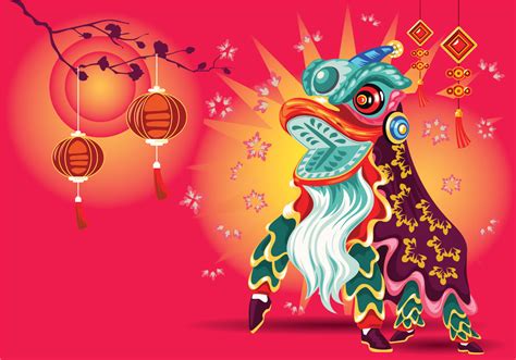 Vector Illustration Traditional Chinese Lion Dance Festival Background ...