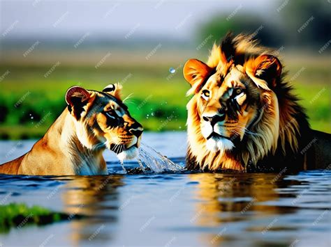 Premium AI Image | two lions in water lions drinking water lions fight