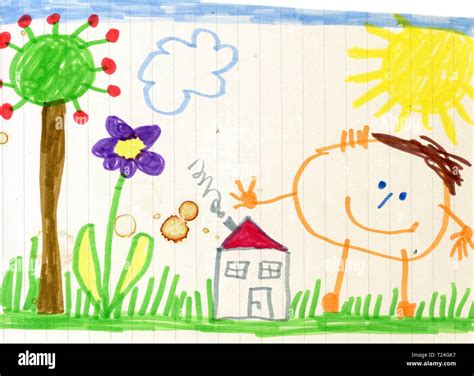 Child's drawing, happy child, house and garden Stock Photo - Alamy