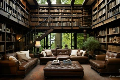 Luxury living room interior with leather sofa, bookshelf and library, beautiful home library, AI ...