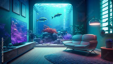 Futuristic Living Room with a Large Aquarium, Zoom Video Conference Background, Generative AI ...