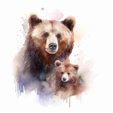 A watercolor painting of a bear and her cub | Premium AI-generated image