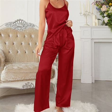 Women's Satin Backless Cami Tops Pants Pajama Sets For Valentine's Gifts - Clothing, Shoes ...