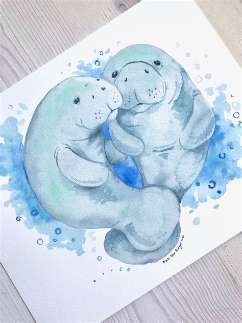 Manatee Watercolor Two Manatees Manatee Art Manatee Wall | Etsy