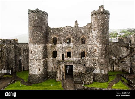 HARLECH, Wales - The interior-facing side of the gatehouse at Harlech ...