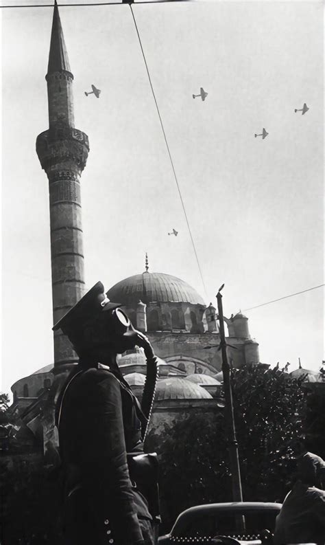 Turkish Officer in a gas mask during the air practice. WW2, Istanbul ...