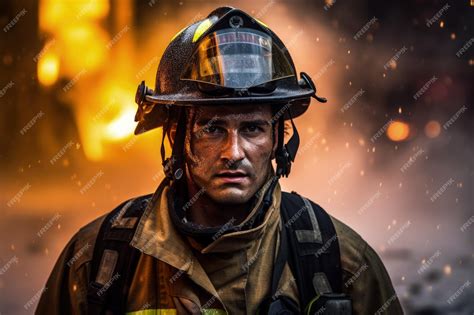 Premium Photo | A fireman wearing a fire helmet in front of a fire