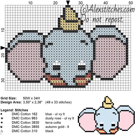 Dumbo Disney Cuties free cross stitch pattern 50x34 5 colors | Disney cross stitch, Cross stitch ...