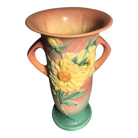 Antique 1940s Roseville Pottery Vase W/Peony Flowers & Handles | Chairish