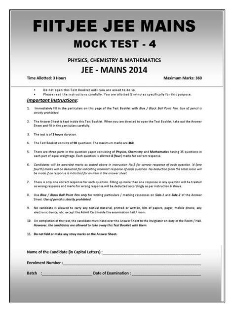 JEE MAINS MOCK TEST - 4.docx | Personal Growth