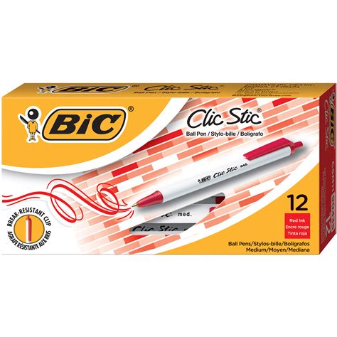 BIC Clic Stic Ballpoint Retractable Pens, Red, Medium 1.0 mm, 12/BX ...