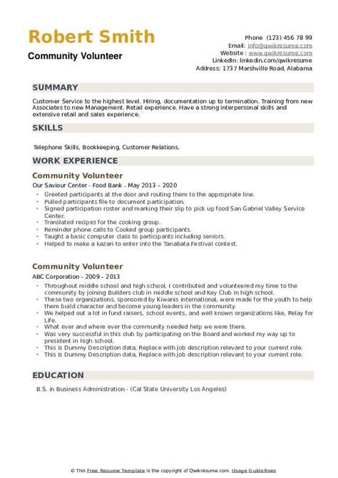 Community Volunteer Resume Samples | QwikResume