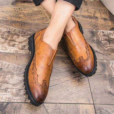 Brown V style leather brogue slip on dress shoe | Slip on dress shoe, Mens brown boots, Mens ...