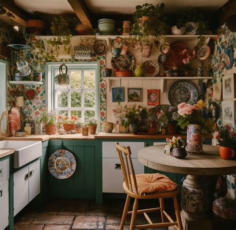 Cute cottage core kitchen 🧺 | Kitschy kitchen, Home interior design, Boho kitchen