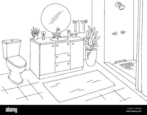 Bathroom graphic home interior black white sketch illustration vector ...