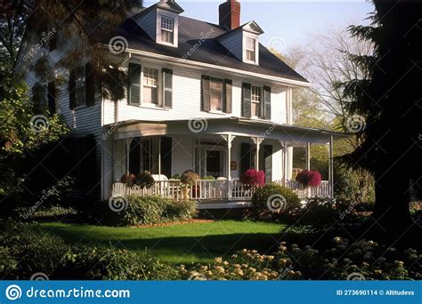 Colonial House, with Wrap-around Porch and Garden, on a Sunny Morning Stock Illustration ...