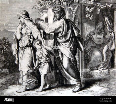 Illustration of Abraham giving up Hagar and his Son Ishmael while his ...