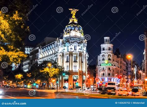 Gran Via Central Street of Madrid at Night, Spain Editorial Photography ...