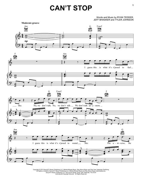 Can't Stop Sheet Music | OneRepublic | Piano, Vocal & Guitar Chords (Right-Hand Melody)