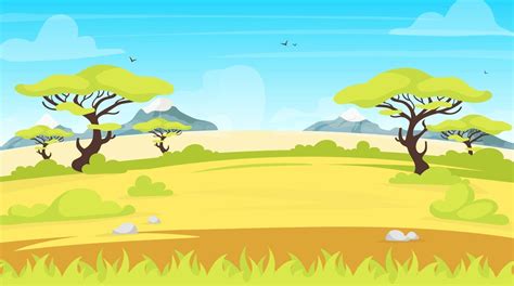 African landscape flat vector illustration. Safari panoramic land. Green savanna scene with ...