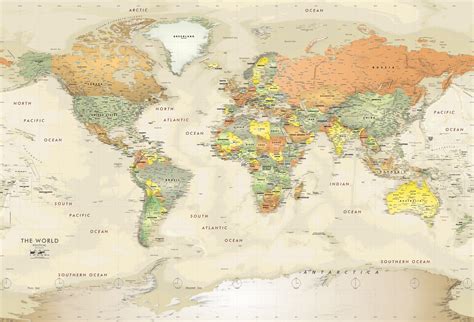 Detailed Antique Oceans World Political Map Mural | Map murals, Map ...