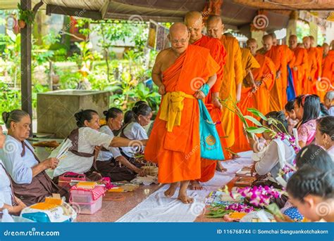 Buddhist Mon People Offering Flowers To Monks Editorial Stock Image - Image of kanchanaburi ...