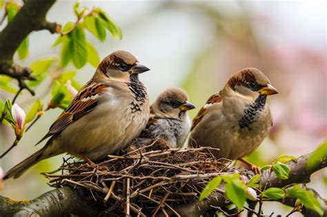 Premium Photo | Sparrows Nesting in Springtime Tree Branch