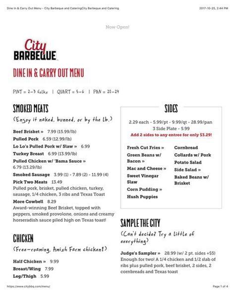 City BBQ menu in Columbus, Ohio, USA