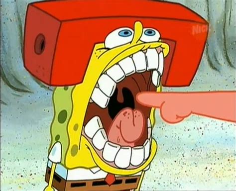 spongebob pointing at the camera with his mouth open