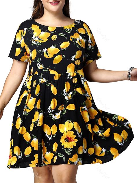 [36% OFF] Chic Plus Size Short Sleeve Lemon Print Women's Dress | Rosegal