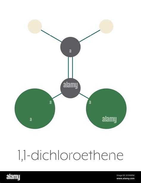 1,1-dichloroethene (DCE) polyvinylidene chloride (PVDC) building block. Stylized skeletal ...