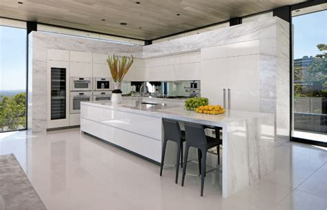 Modern Marble L-Shaped Luxury Kitchen with Long Island