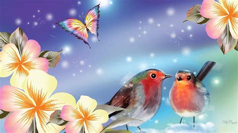 Birds Butterflies Blossoms, glow, birds, soft, butterflies, spring ...