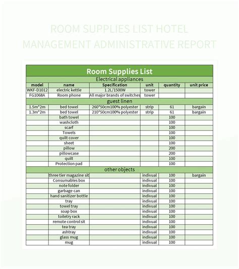 Room Supplies List Hotel Management Administrative Report Excel Template And Google Sheets File ...