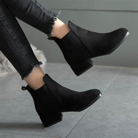 Black Ankle Boots for Women Thick Heel Slip on – fucha Fashions