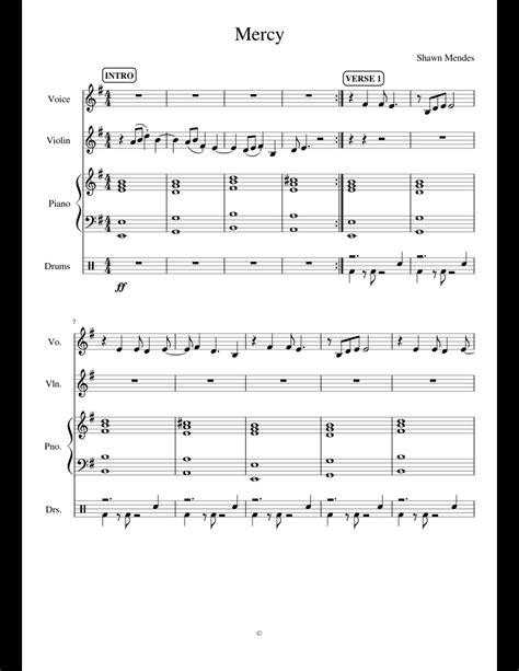 Mercy Shawn Mendes sheet music for Violin, Piano, Voice, Percussion download free in PDF or MIDI