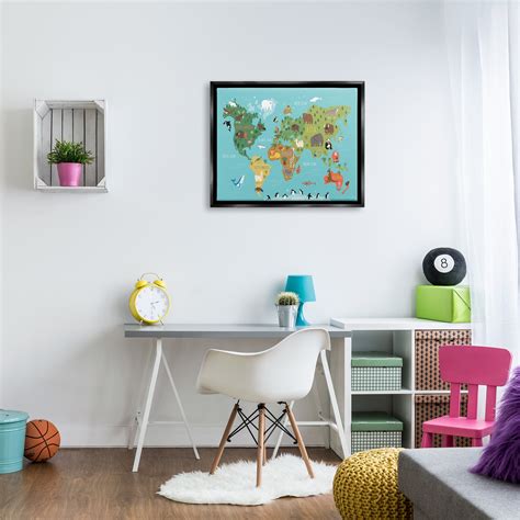 Stupell Country Animals World Map Continents Wildlife Diagram Floater Frame, Design by Abi Hall ...