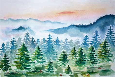 Watercolor forest and mountains landscape. Hand drawn painting of ...