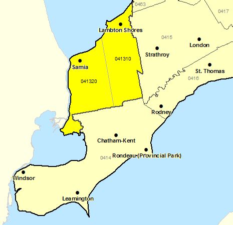 Map of Lambton County, Sarnia, Ontario, Canada.